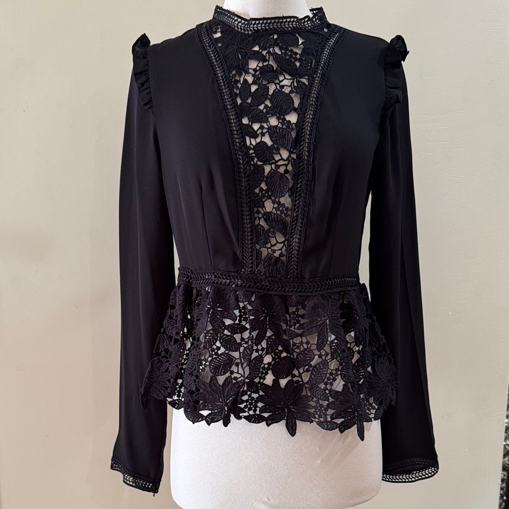 Nasty Gal Black Lace-Inset Peplum Long Sleeve Top - Picture 1 of 7